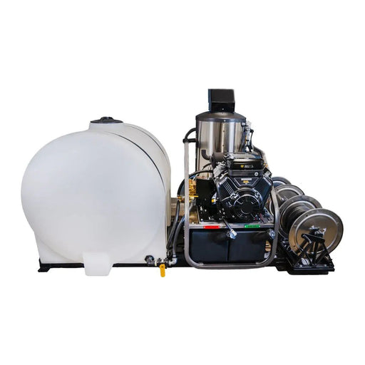 CleanFreak® 8.0 GPM Industrial Drain Jetter System Skid Mounted w/ Tank, Reel & Spray Gun (Gas) – 3,000 PSI