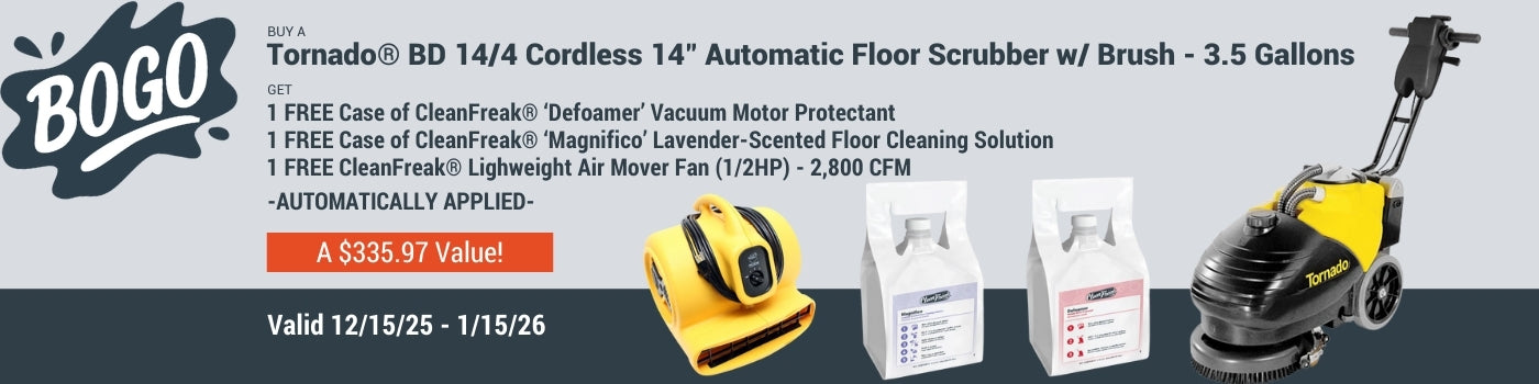 Promotional image of Tornado floor scrubber with cleaning products and offer details.