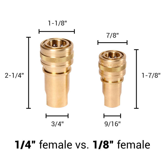 1/4" female piece compared to the 1/8" female piece