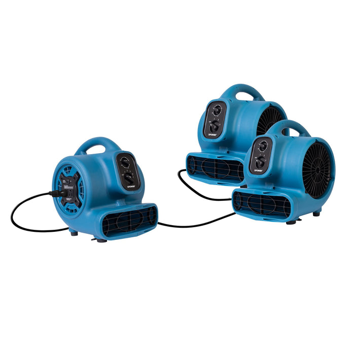 3 Xpower® #P-230AT Blue Mini Air Movers Daisy Chained Together & Running Off of a Single Power Cord Thumbnail