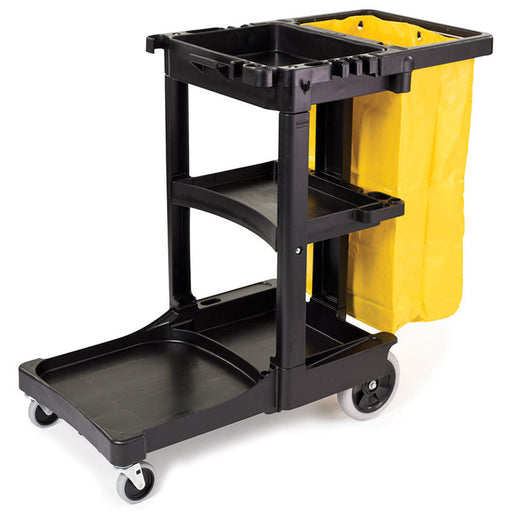 Rubbermaid Black 3-Shelf Janitor Cart (#FG617388BLA) w/ Zippered Yellow Vinyl Bag Thumbnail