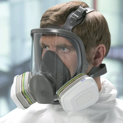 3M 6000 Series Full Face Respirator Mask Being Worn by a Man Thumbnail