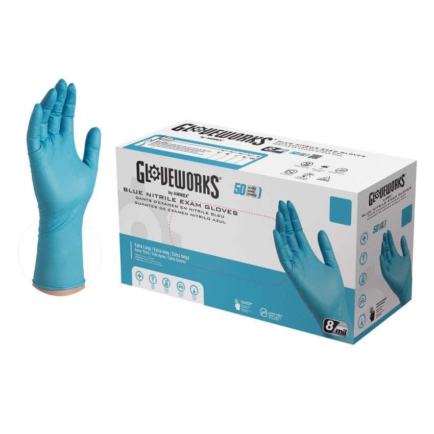Gloveworks® by Ammex® GPNHD Blue 8.0 Mil Industrial Long Cuff Powder