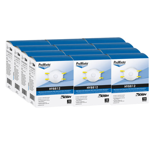 Case of 120 (12 Boxes) of ProWorks NIOSH N95 Particulate Respirators with Valves and Metal Nosepieces Thumbnail