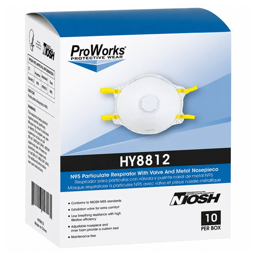 Box of 10 ProWorks NIOSH N95 Particulate Respirators with Valves and Metal Nosepieces Thumbnail