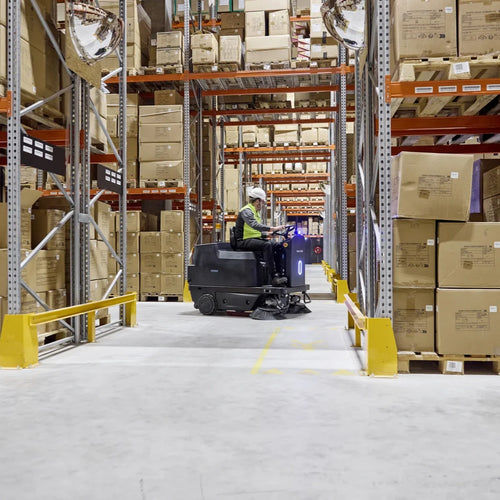 Warehouse Aisle Cleaning with the Nilfisk SW3000 Ride-On Li-Ion Powered Floor Sweeper Thumbnail