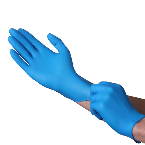 Putting on the Vguard Blue Powder-Free Nitrile Chemo Exam Gloves Thumbnail