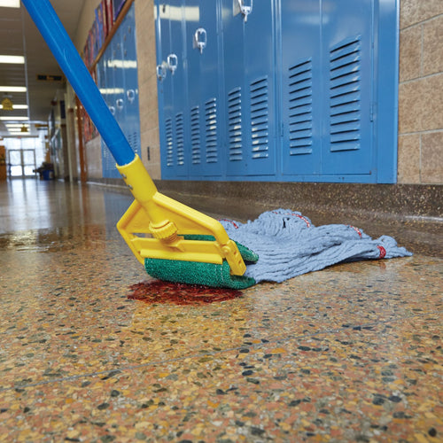 Rubbermaid Invader 60 inch Blue Fiberglass Side-Gate Wet Mop Handle with Mop Cleaning a Spill in a School Hallway Thumbnail