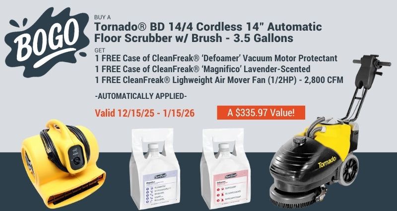 Promotional image of Tornado floor scrubber with cleaning products and offer details.