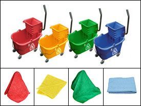 Color Coded Facility Cleaning Package w/ Mop Buckets & Microfiber Rags —