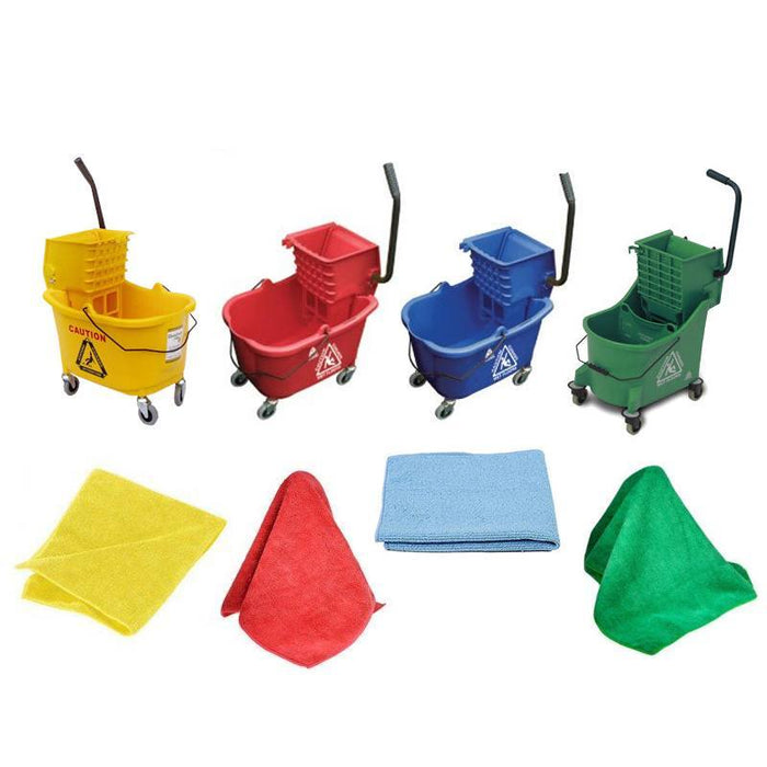 Color Coded Facility Cleaning Package w/ Mop Buckets & Microfiber Rags ...