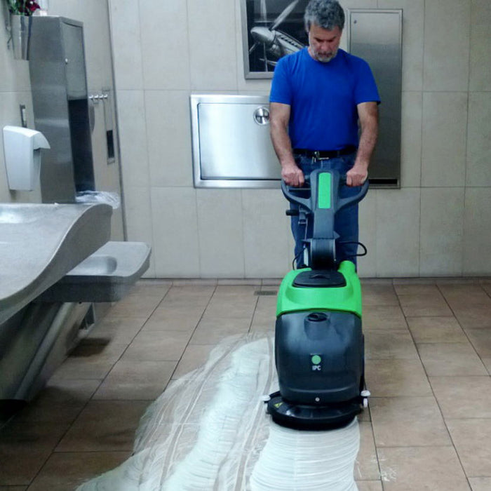 IPC Eagle CT15B Automatic Floor Scrubber Cleaning a Bathroom Floor